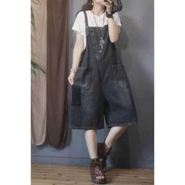 Women's Jumpsuits Rompers Denim Jumpsuits for Women Oversized Blue Playsuit Denim Pants Loose High Waist Cross-Pants Overalls for Women Clothes One Piece Y240510