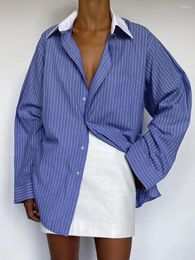 Women's Blouses Blue Stripe Splicing Design Sense Outside The Shirt 2024 Autumn And Winter Casual Long-sleeved Women