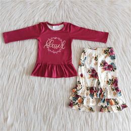 Clothing Sets Baby Girls Summer High Quality Dark Red Long Sleeve Top Flower Pants Set Wholesale Boutique Children Clothes