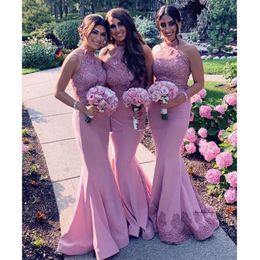 Charming Lace Mermaid Bridesmaid Dresses Halter Neck Beaded Wedding Guest Dress Sleeveless Sequined Maid Of Honor Gowns Applique Custom Made 0510