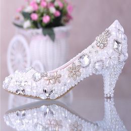 Luxurious Elegant Imitation Pearl Wedding Dress Bridal Shoes Crystal diamond low-heeled shoes Woman Lady Dress Shoes White 280J