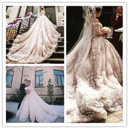 2019 Arabic Blush Lace Gowns Applique Cathedral Train Gorgeous Wedding Dresses Vestido De Noiva Long Sleeve Bridal Dress 0510