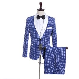 New Groomsmen Royal Blue with Dot Groom Tuxedos Shawl Lapel Men Suits Side Vent Wedding Prom Best Man Blazer Jacket Pants Vest Tie K9 268N