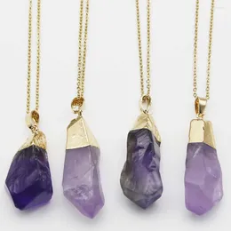 Pendant Necklaces Natural Stone Amethyst Stainless Steel Chain Necklace Irregular Purple Crystal Gold Plated Head Fashion Jewellery 6Pcs