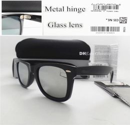 TOP Quality Glass Lens Metal Hinge Brand Designer Men Women Plank Frame Sunglasses UV400 52MM Vintage Shade Mercury Mirror Leather7667375