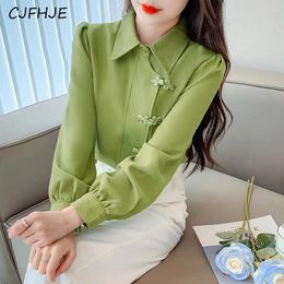 Women's Blouses CJFHJE Chinese Style Button Brushed Shirt Top Spring Fashion Retro Versatile Women Long Sleeved POLO Collar