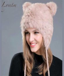 Lovely Bear Ear Skullies Beanies Genuine Rex Rabbit Fur Fabric Knitted Hats Winter Warm Soft Solid Caps Snow Women Hat 2112236992545