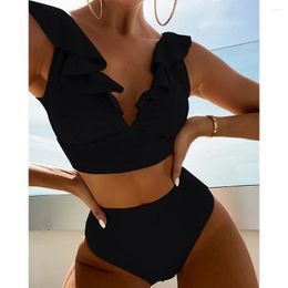 Women's Swimwear 2024 Summer Lace Up Ruffle Trim Women Bikini Swimsuit High Waist For Beach Bathing Suit Beachwear Biquini