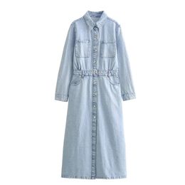 Zach Ailsa Spring Product Womens Retro Washed Effect Polo Neck Long sleeved Button embellished denim midi Dress 240510