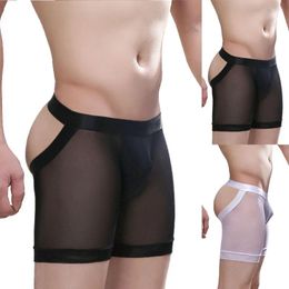 Underpants Open BuMens Underwear Erotic Long Leg Boxers Breathable Comfort Boxer Shorts Ice Silk Bare Buttocks Sheer Panties Underpant