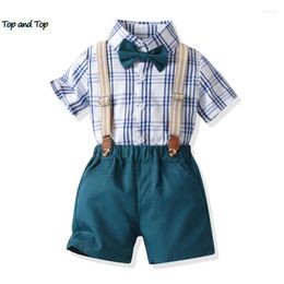 Clothing Sets Top And Fashion Boys Gentleman Kids Boy Short Sleeve Bowtie Plaid Shirt Suspenders Shorts Formal Suits Outfits