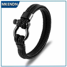 Charm Bracelets MKENDN Fashion Leather Bracelet for Men Black Braid Multilayer Rope Chain Stainless Steel Shackle Buckle Male Jewellery Pulseras Y240510