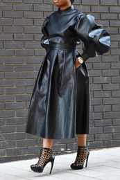 Casual Dresses Women's PU Leather Lantern Sleeve Maxi Dress Monochromatic High Waist Party Street Wear Business Long With Pocket Bel