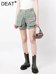 Women's Shorts Fashion Denim High Waist Zipper Multi Flip Over Pockets Army Green Cotton Trouser Summer 2024 7AB4000