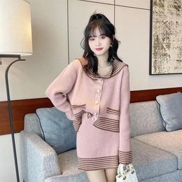 Work Dresses Fashion Knitting Tops Ladies Temperament A-line Skirt Elegant Two-piece Suit Long Sleeve Autumn Winter Thin Women Clothing