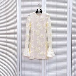 Casual Dresses Beige Mini Women 2024 Embroidered Longsleeved Hiphugging Dress 3D Flowers S-L FZ316027
