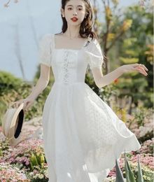 Party Dresses French White Embroidered Mori Girl Bandage Chic Dress Elastic Slim Waist For Women Vintage Midi Princess Victorian