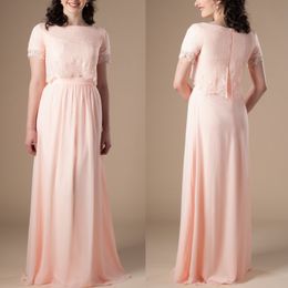 Peach Boho Long Modest Bridesmaid Dresses With Cap Sleeves Lace Top Chiffon Skirt Bohemian Formal Rustic Wedding Party Dress Religious 2254