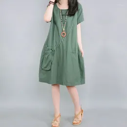 Party Dresses Fashion O-Neck Solid Colour Pockets Folds Bow Casual Women's Clothing 2024 Summer Loose Commuter Short Sleeve Dress