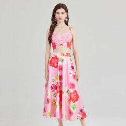 Runway Summer Floral Print Dress Sets 2 Piece Womens Outfit Strapless Sexy Crop Top and Midi Skirt Suit Holiday Beach Bohemian 240426