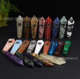 Natural Fluorite Quartz Crystal Smoking Pipe 17 styles Cigarette Stone Tobacco Hand Philtre Spoon Pipes With Metal Bowl Mesh Tool a6661674