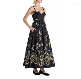 Casual Dresses 2024 Black Lemon Print Cotton Poplin Bow Slip Sleeveless Backless A-line Midi Dress For Women