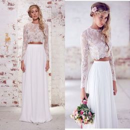 2021 Hot Sale Two Pieces Crop Top Bohemian Wedding Dresses Chiffon Ruched Floor Length Wedding Gowns Spring Lace Long Sleeve Wedding Dr 289K