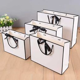 3Pcs Gift Wrap Gift Package Bag White Paper Shopping Bag With Black Ribbon Handle Square For Packaging Wedding Clothes Shoes Gift Box Handbag