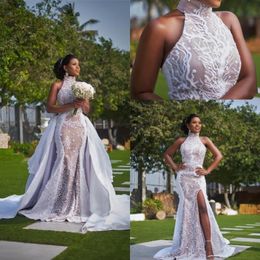 Black Girl Lace Mermaid Split Wedding Dresses With Detachable Skirt 2022 Illusion Lace Applique Wedding Bridal Gowns robes de mariee BC 277t