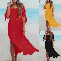 Casual Dresses Summer Off Shoulder Long Dress Women Beach Tie Knot Chiffon Split Maxi Strapless Short Sleeve Midi Sundress