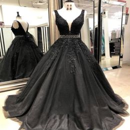 Vintage Black Gothic Colorful Wedding Dresses V Neck Beaded Waist Lace Tulle Women Non White Bridal Gowns For Non Traditional Wedding 2 283E