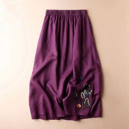 Skirts Vintage Floral Embroidered Cotton Linen For Women Summer 2024 A Line Midi Skirt Slimming Versatile Flared Korean