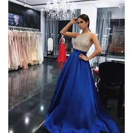 2019 Sparkly Crystal Prom Dresses Halter Royal Blue Satin Long Party Formal Evening Dress Ball Gown Pageant Gowns 0510