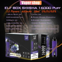 ELF BOX SHISHA 16000 Puff Disposable Vape 12 Flavours 28 ml Prefilled Device 600mAh Type-C Rechargeable Battery 16K E Cigarettes