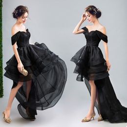 2021 New Gothic Black High Low Wedding Dresses Gowns Off the Shoulder Lace Organza Informal Non White Bridal With Colour Cheap 3252