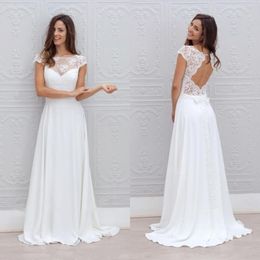 Elegant 2019 Boho Casual Beach Wedding Dresses Open Back Capped Sleeves A Line Sweep Train White Lace and Chiffon Summer Bridal Gowns 2898