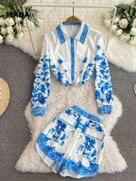 Spring Summer Blue And White Porcelain Two Piece Set Suit Women High Grade Long Sleeved Flower Shirt Blouses And Vintage Shorts 240510