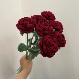Decorative Flowers Artificial Knitted Rose Flower Branch Plants Handmade Crocheted Woven Floral Bouquet Finished Wedding Party Home Decor