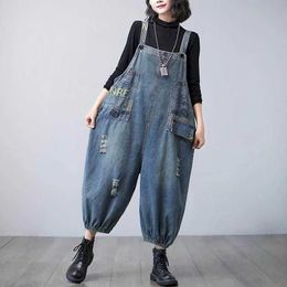 Women's Jumpsuits Rompers Denim Jumpsuits for Women Patchwork Print Korean Style Harajuku Overalls One Piece Outfit Women Rompers Casual Vintage Playsuits Y240510