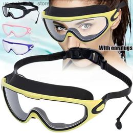 Diving Goggles Swimming goggles silicone swimming large frame with earrings mens and womens professional high-definition anti fog glasses accessories Q240410