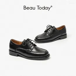 Casual Shoes BeauToday Derby Women Round Toe Lace Up Square Heel Genuine Leather Closure Wingtip Female Oxford Handmade 21511