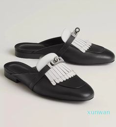 Summer Luxury Women Oz Mule Flats Palladium-plated Kelly Buckle Sandals Shoes Calfskin Leather Slide & Slippers Slip On Casual Walking