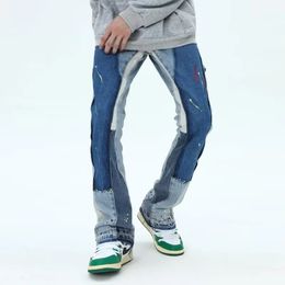 2024 Painting Patch Baggy Stacked Jeans Y2K Flare Cargo Pants For Men Clothing Washed Blue Denim Trousers PantAlon Homme 240509