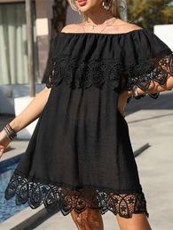 Sexy Embroidery Lace Off Shoulder Tunic Beach Cover Up Cover-ups Dress Wear Beachwear Female Women K5346