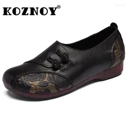 Casual Shoes Koznoy 3cm Ethnic Knot Print Natural Genuine Leather Summer Breathable Women Soft Soled Flats Comfy Handmade Oxfords
