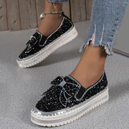 Casual Shoes Womens Rhinestone Bow Fashion Solid Color Thick Sole Loafers Ladies Colorblock Sports Footwear Sapatos
