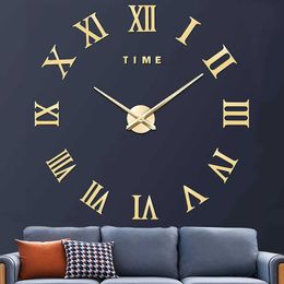 Wall Clocks Golden Giant Roman Digital Frameless Mirror Large Clock 3D DIY Wallpaper Decoration Home Living Room Q240509