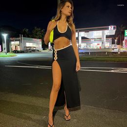 Work Dresses Sexy Solid 2 Piece Set Halter Tie Up Backless Tank Crop Tops Beach Outfits Women Suits High Split Skirts Summer