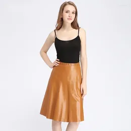 Skirts Sheepskin Streetwear Real Leather Midi Women Office Lady Rivets High Waist Pleated Luxury Elegant A-Line
