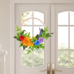 Decorative Flowers Spring Wreath Front Door With Wooden Beads Outside Hanging Ornament